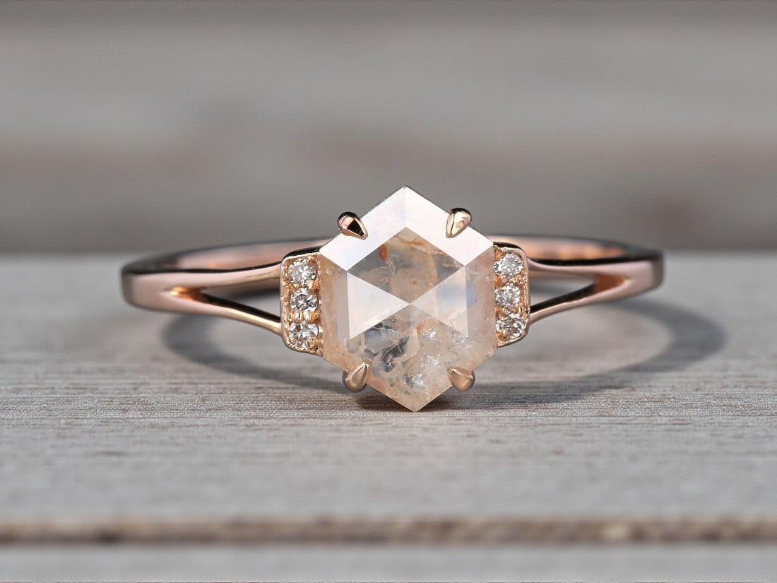 Salt and Pepper Diamond Ring, 14k Gold Engagement Ring, Natural Peach Hexagon Diamond Bezel Ring, Gift for Her