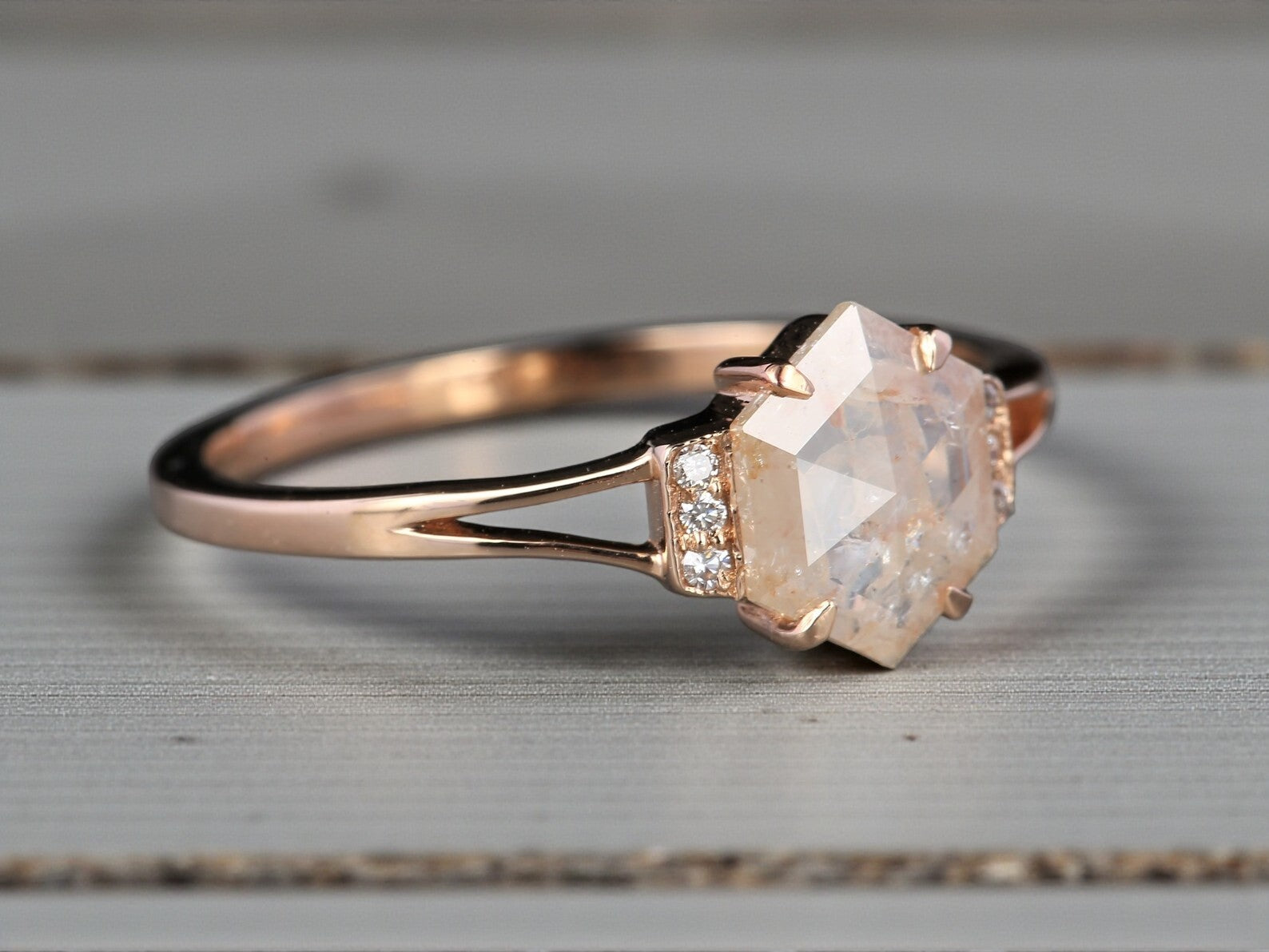 Salt and Pepper Diamond Ring, 14k Gold Engagement Ring, Natural Peach Hexagon Diamond Bezel Ring, Gift for Her