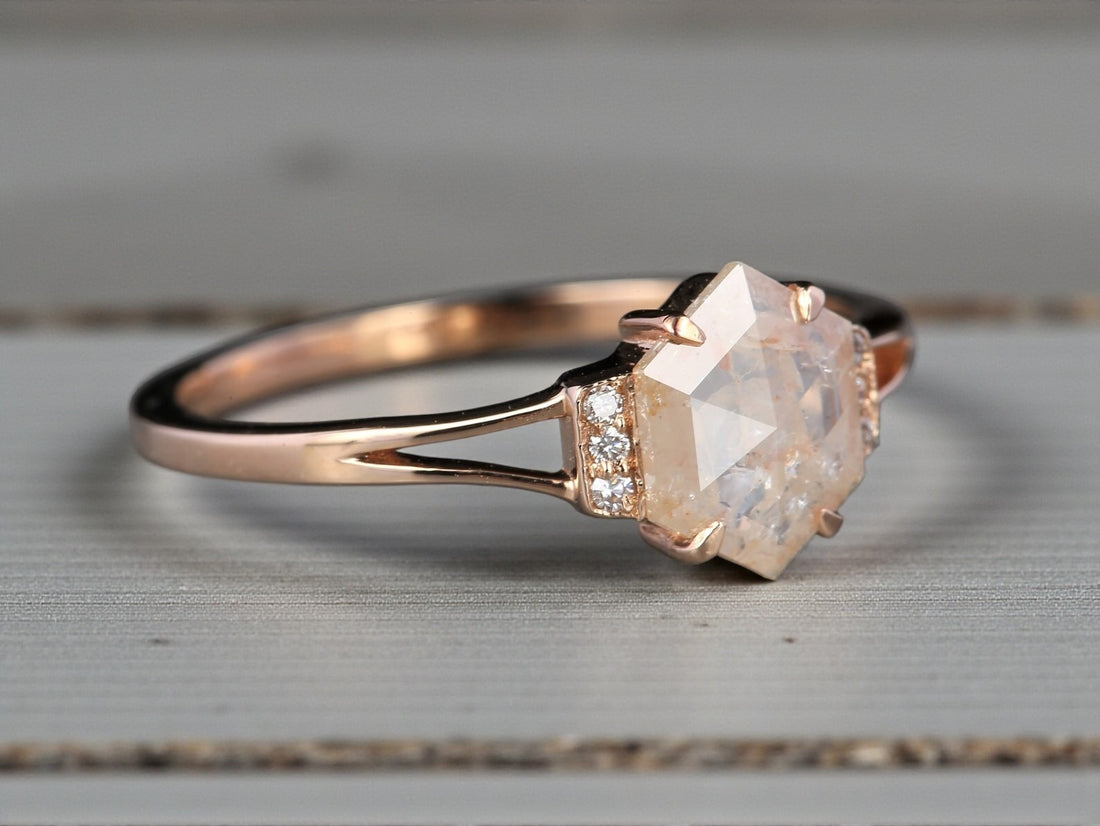 Salt and Pepper Diamond Ring, 14k Gold Engagement Ring, Natural Peach Hexagon Diamond Bezel Ring, Gift for Her
