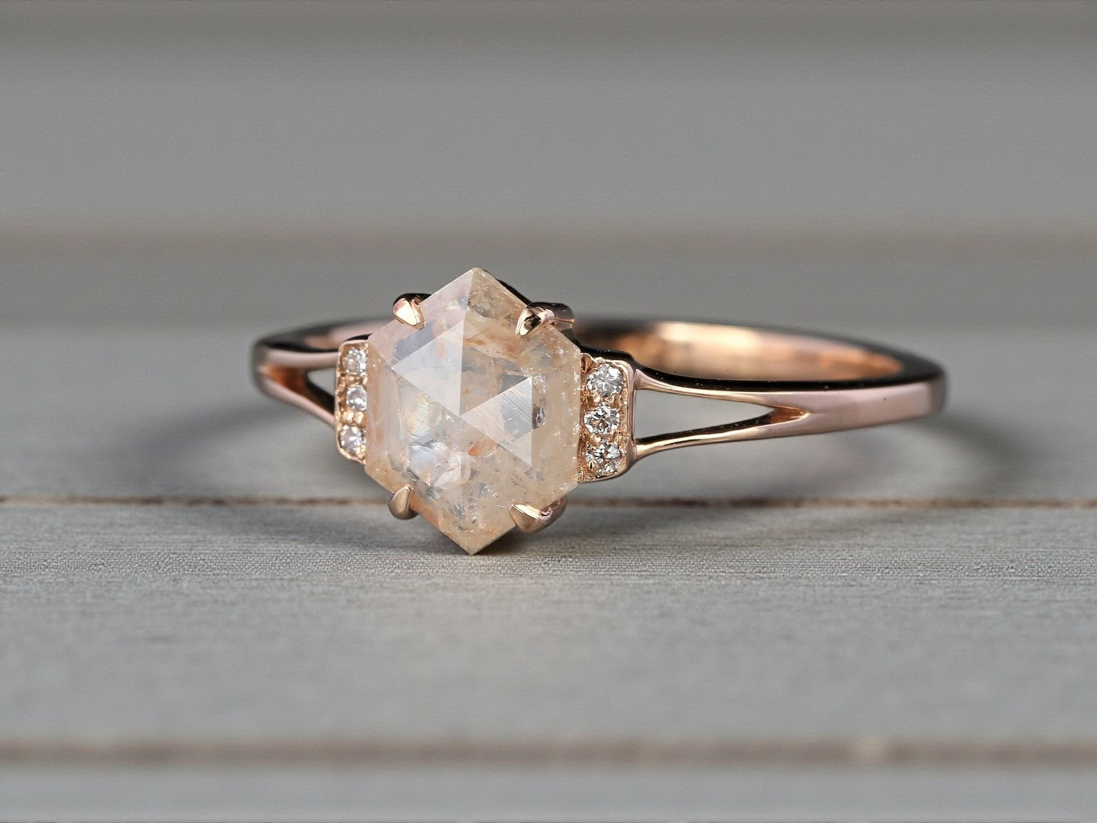 Salt and Pepper Diamond Ring, 14k Gold Engagement Ring, Natural Peach Hexagon Diamond Bezel Ring, Gift for Her