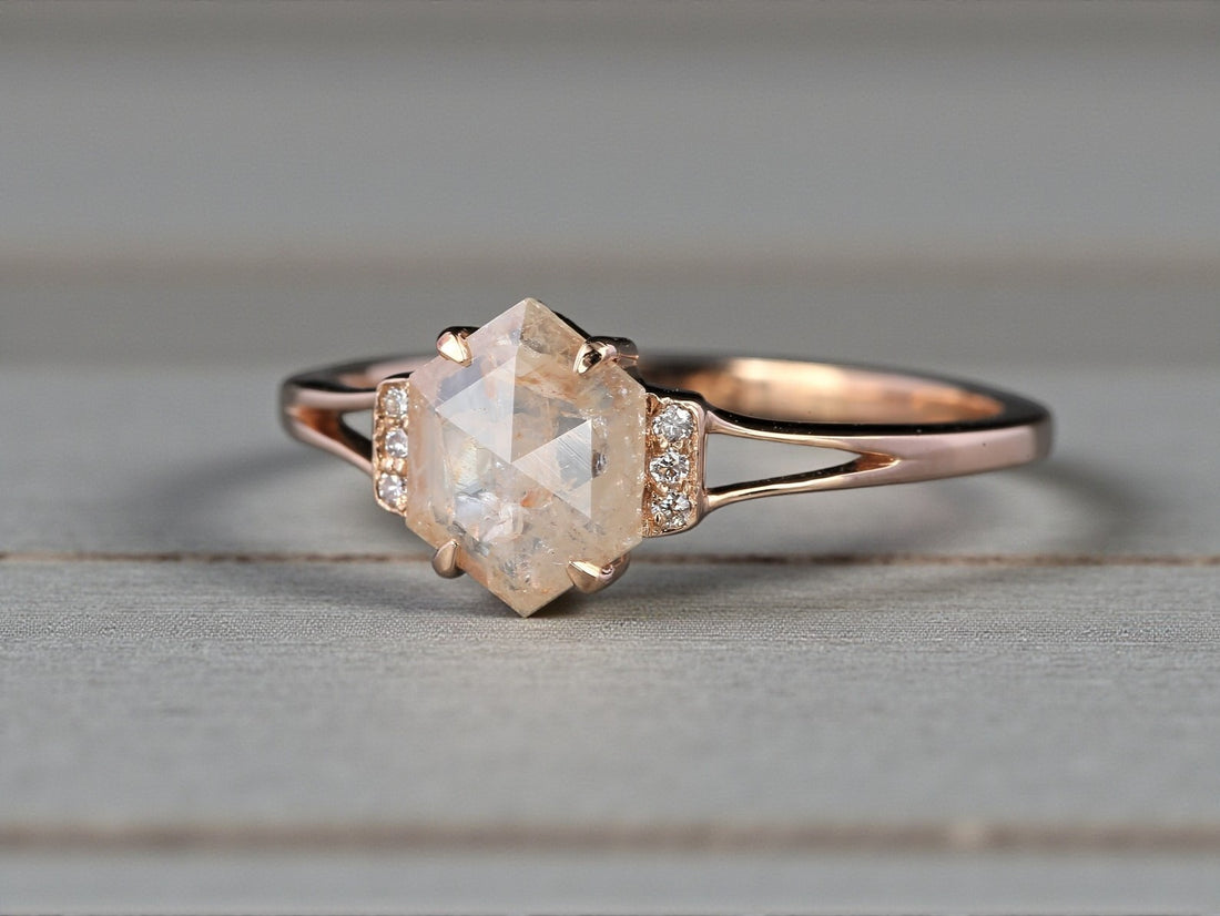 Salt and Pepper Diamond Ring, 14k Gold Engagement Ring, Natural Peach Hexagon Diamond Bezel Ring, Gift for Her