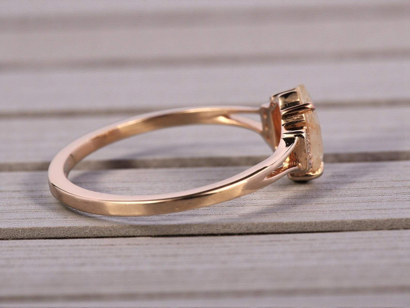 Salt and Pepper Diamond Ring, 14k Gold Engagement Ring, Natural Peach Hexagon Diamond Bezel Ring, Gift for Her