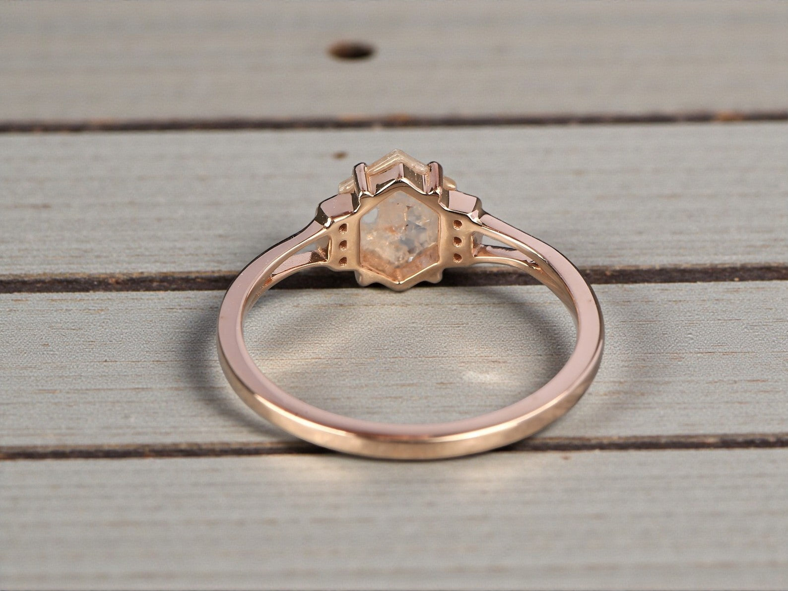Salt and Pepper Diamond Ring, 14k Gold Engagement Ring, Natural Peach Hexagon Diamond Bezel Ring, Gift for Her