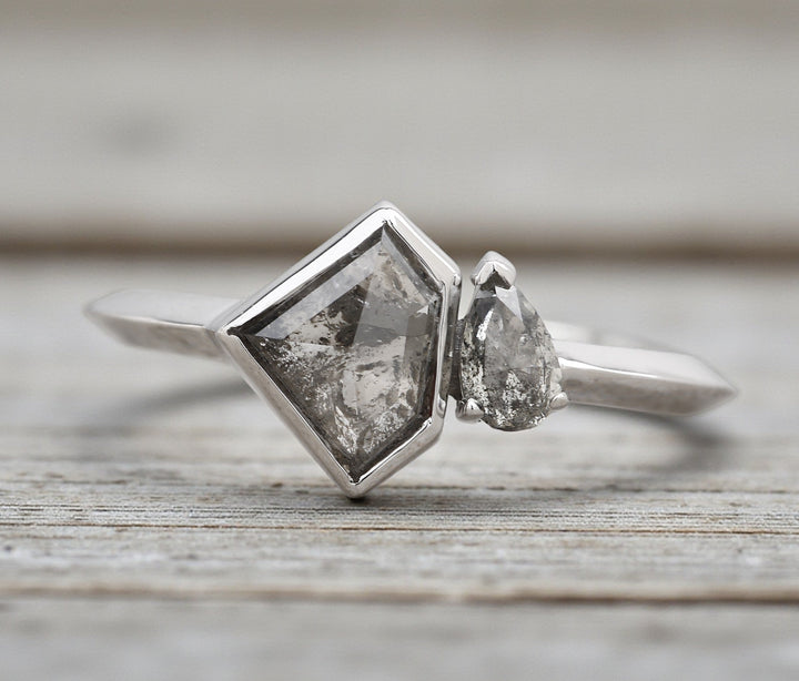 Salt and Pepper Diamond Ring, 14K Gold Engagement Wedding Ring, Natural Gray Shield Diamond Ring