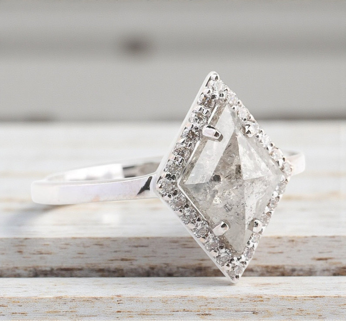 2.07 Ct Salt and Pepper Diamond Ring, 14K Gold Engagement Ring, Natural Gray Shiled Diamond Halo Ring, Gift for Her