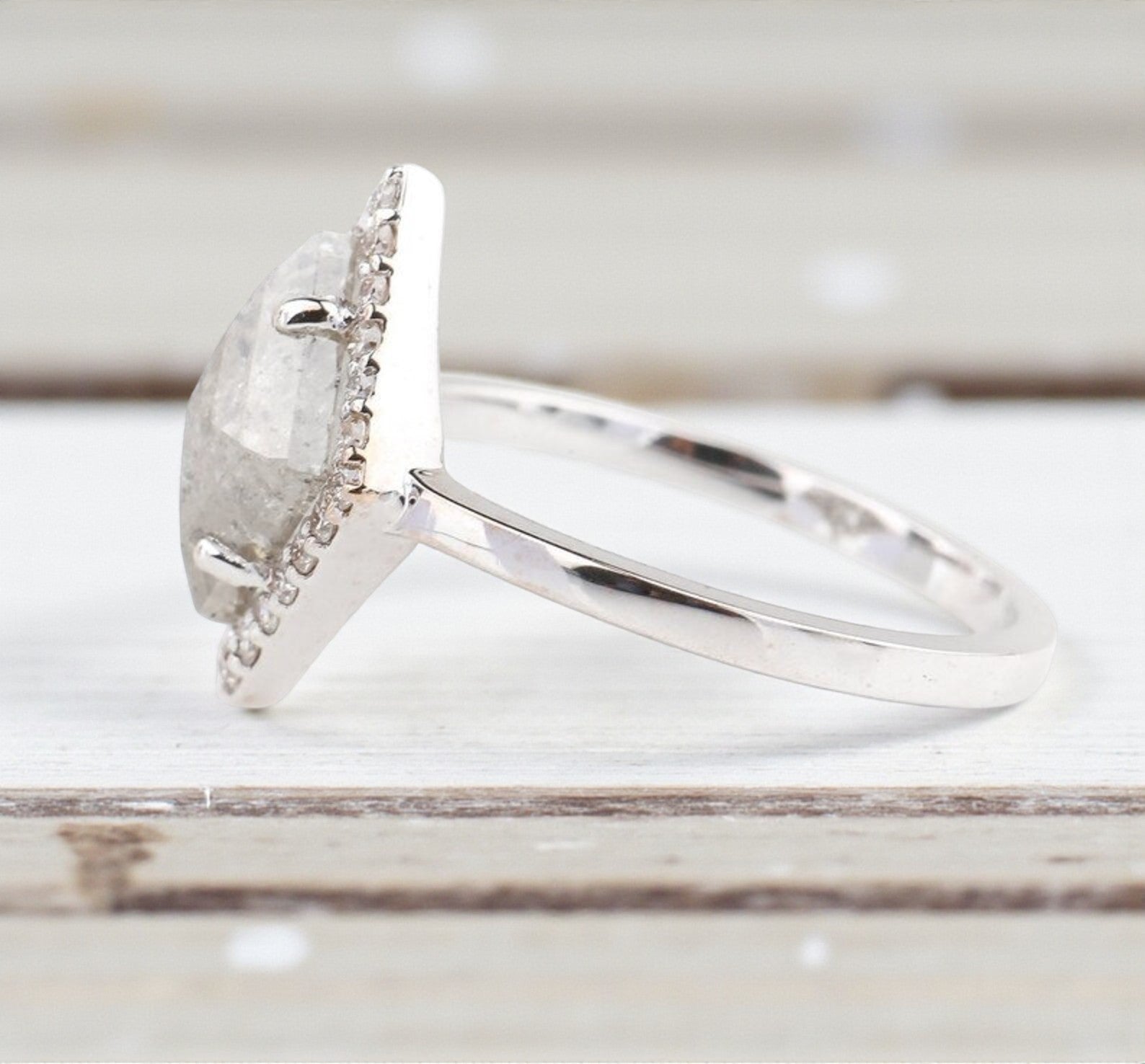 2.07 Ct Salt and Pepper Diamond Ring, 14K Gold Engagement Ring, Natural Gray Shiled Diamond Halo Ring, Gift for Her