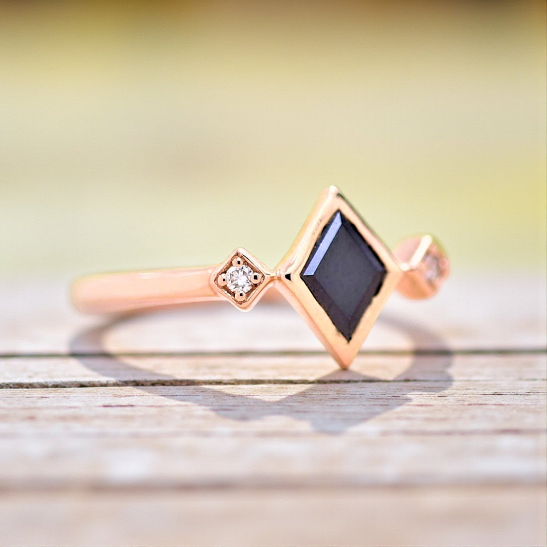 Black Diamond Ring 14K Gold Wedding Ring, Natural Shield Diamond Ring, Gift for Her