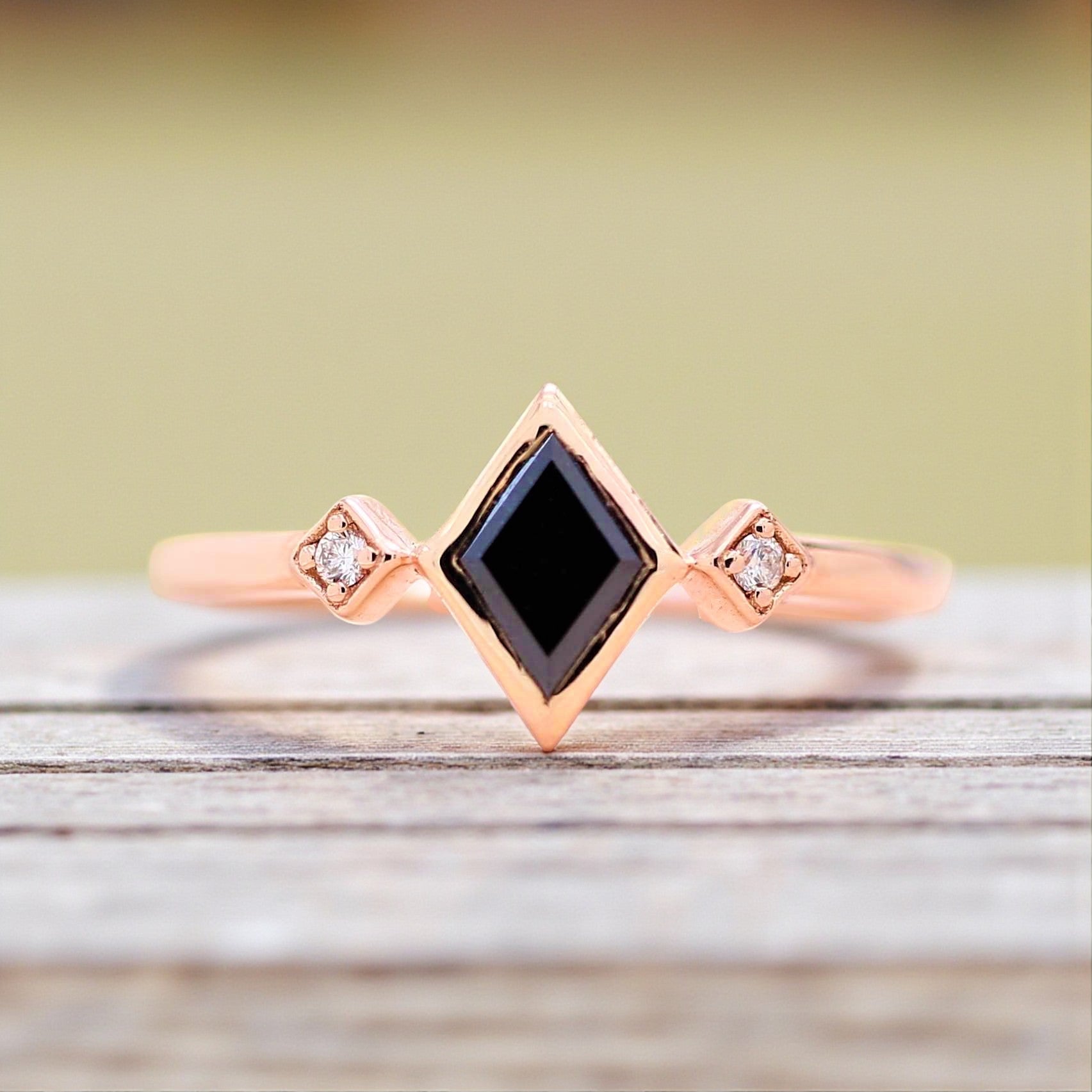 Black Diamond Ring 14K Gold Wedding Ring, Natural Shield Diamond Ring, Gift for Her