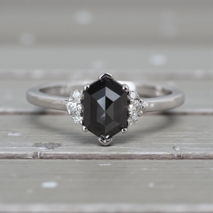 Salt and Pepper Diamond Ring, 14K Gold Engagement Ring, Natural Gray Hexagon Diamond Ring, Gift for Women