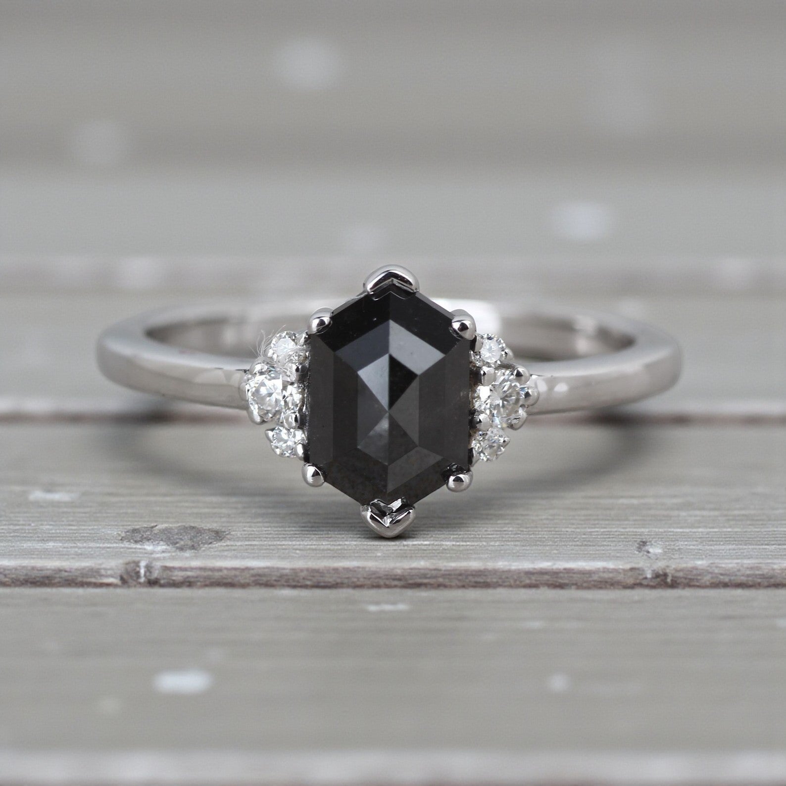 Salt and Pepper Diamond Ring, 14K Gold Engagement Ring, Natural Gray Hexagon Diamond Ring, Gift for Women
