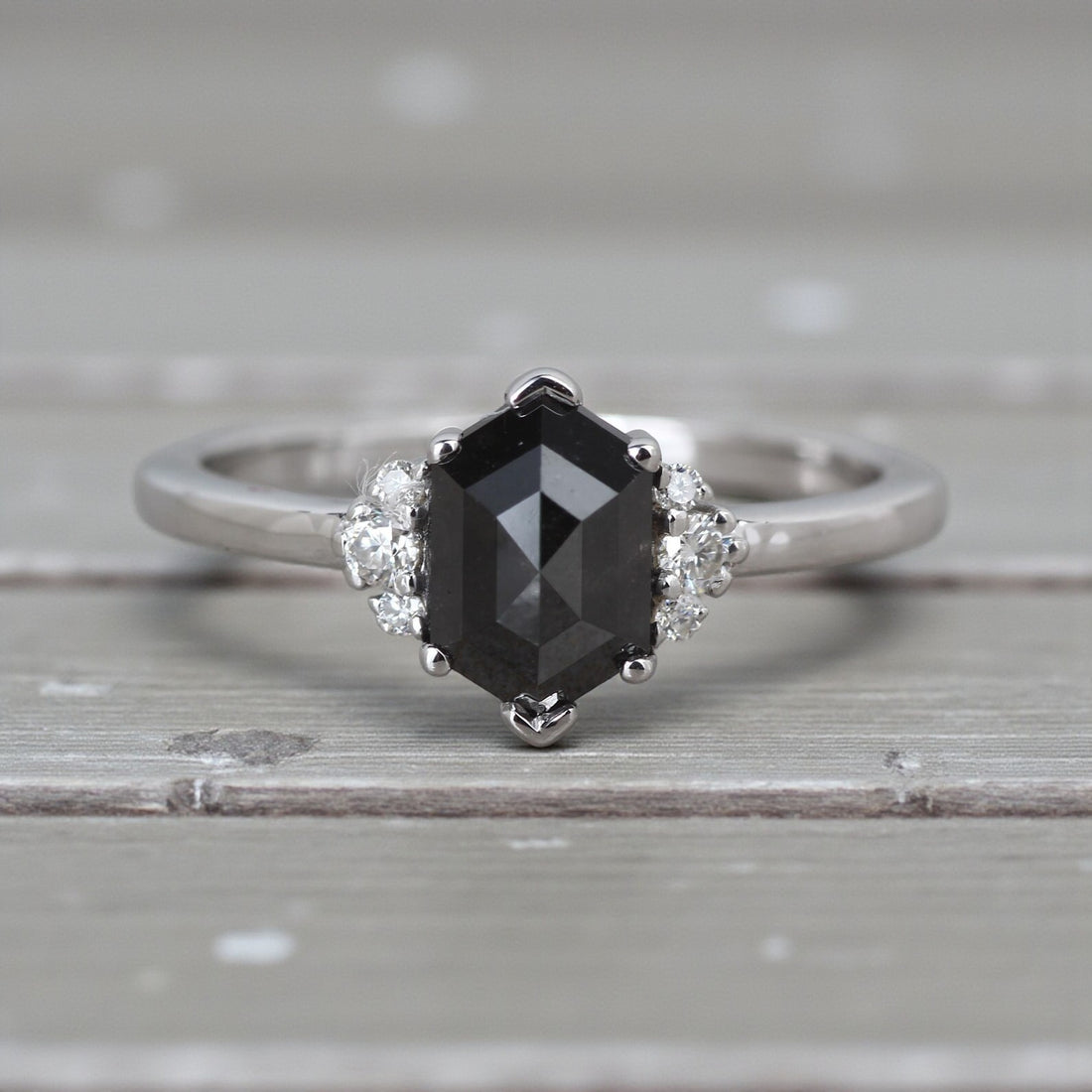 Salt and Pepper Diamond Ring, 14K Gold Engagement Ring, Natural Gray Hexagon Diamond Ring, Gift for Women