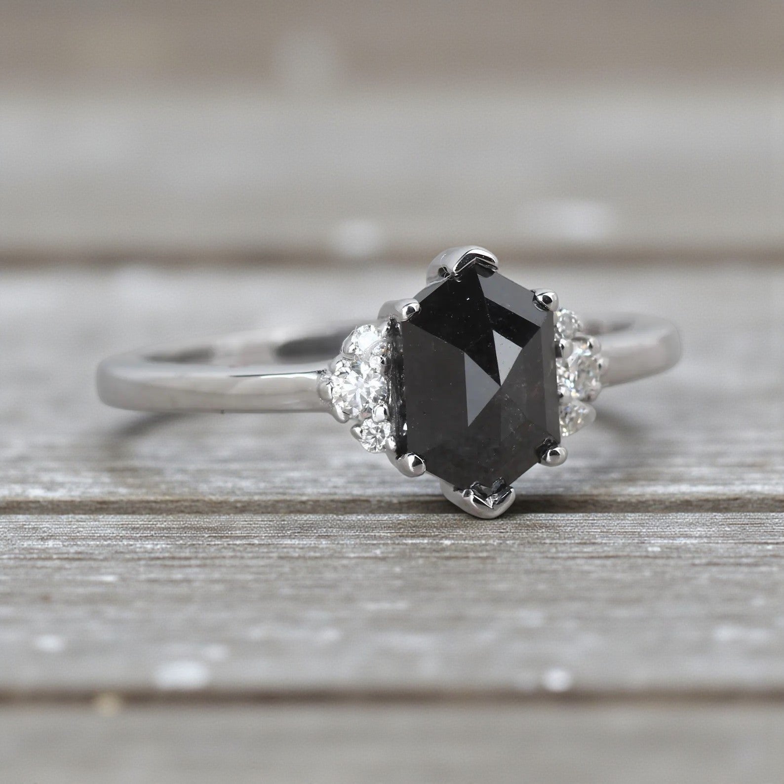 Salt and Pepper Diamond Ring, 14K Gold Engagement Ring, Natural Gray Hexagon Diamond Ring, Gift for Women