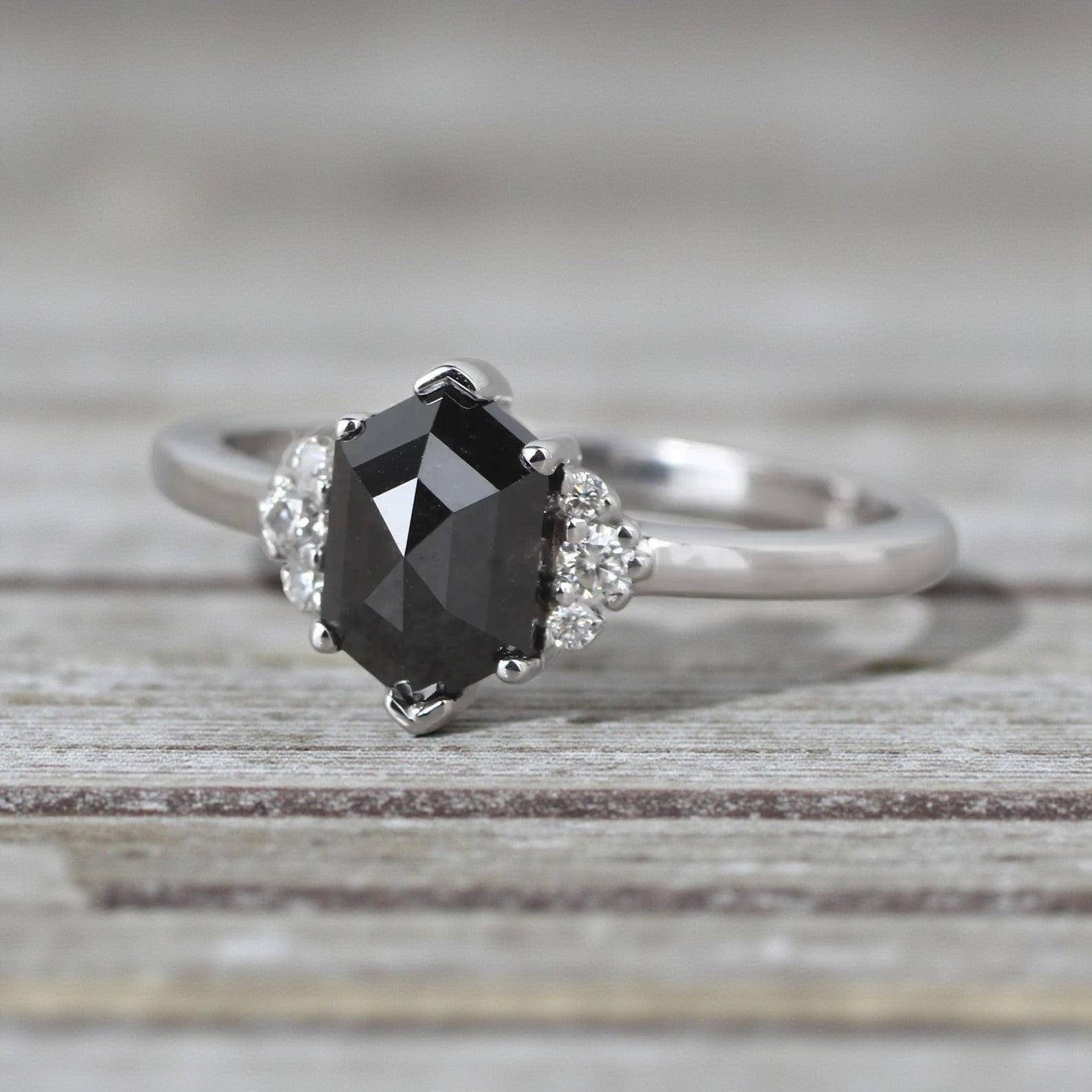 Salt and Pepper Diamond Ring, 14K Gold Engagement Ring, Natural Gray Hexagon Diamond Ring, Gift for Women