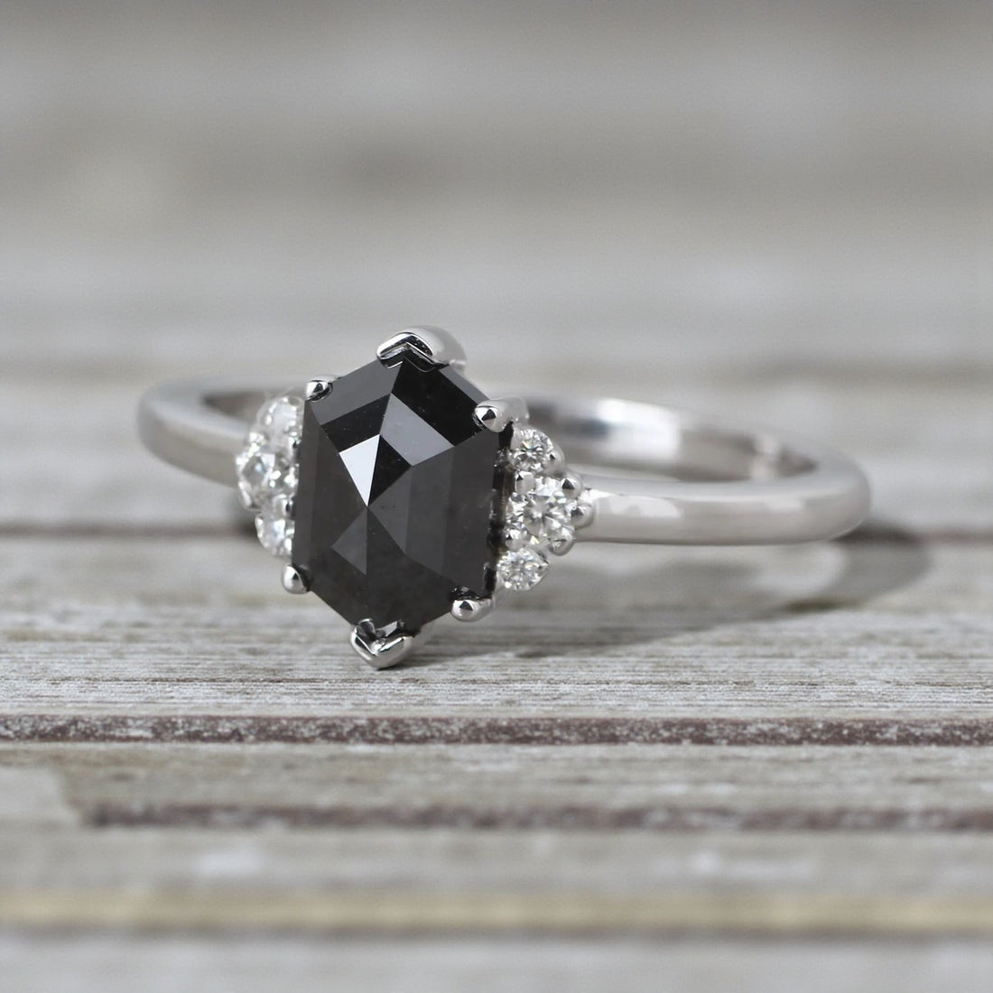 Salt and Pepper Diamond Ring, 14K Gold Engagement Ring, Natural Gray Hexagon Diamond Ring, Gift for Women