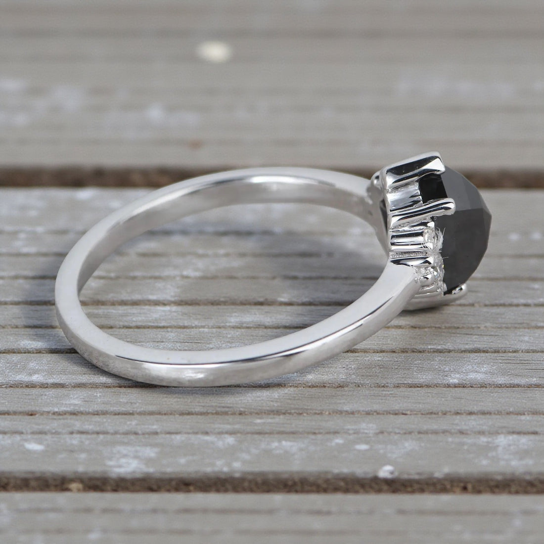 Salt and Pepper Diamond Ring, 14K Gold Engagement Ring, Natural Gray Hexagon Diamond Ring, Gift for Women