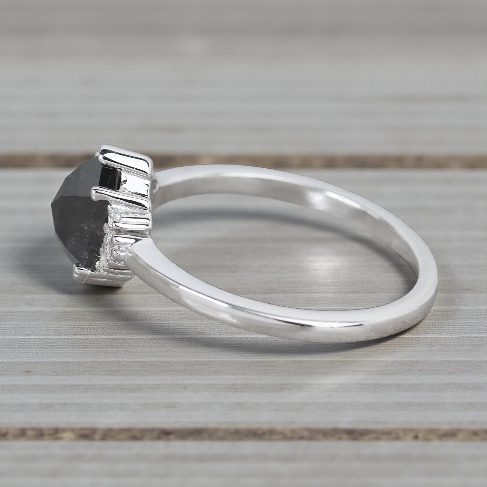 Salt and Pepper Diamond Ring, 14K Gold Engagement Ring, Natural Gray Hexagon Diamond Ring, Gift for Women