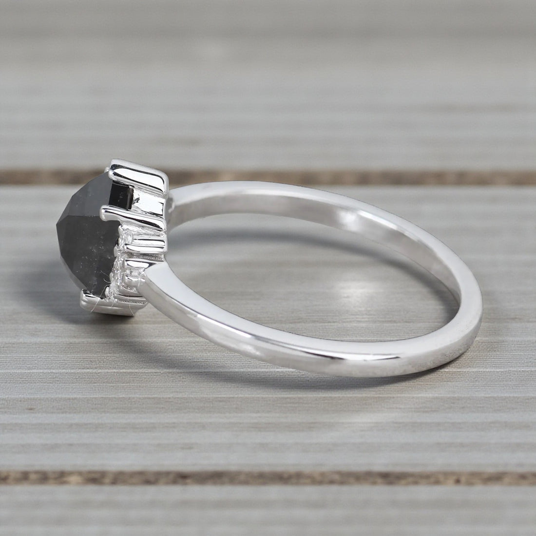 Salt and Pepper Diamond Ring, 14K Gold Engagement Ring, Natural Gray Hexagon Diamond Ring, Gift for Women