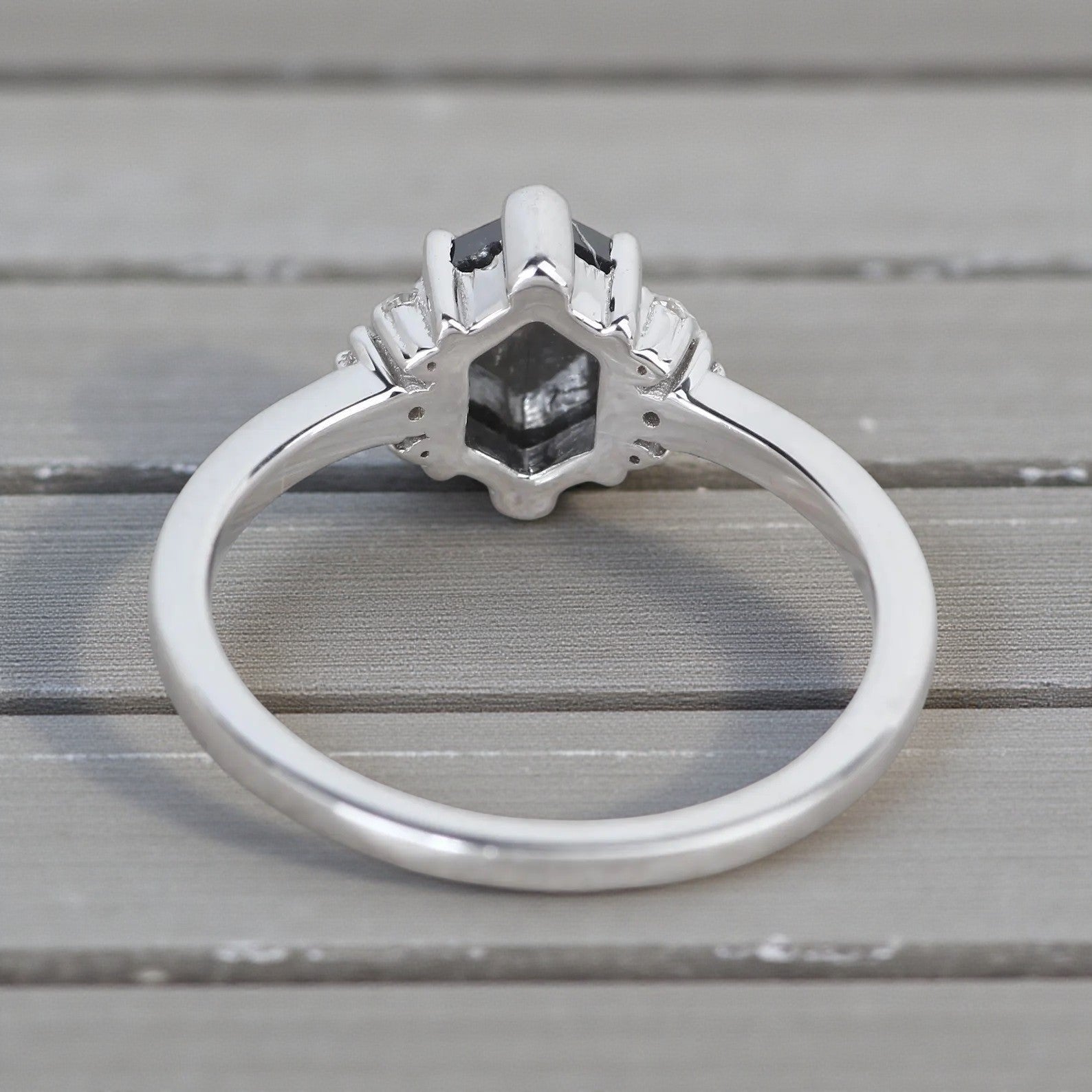 Salt and Pepper Diamond Ring, 14K Gold Engagement Ring, Natural Gray Hexagon Diamond Ring, Gift for Women