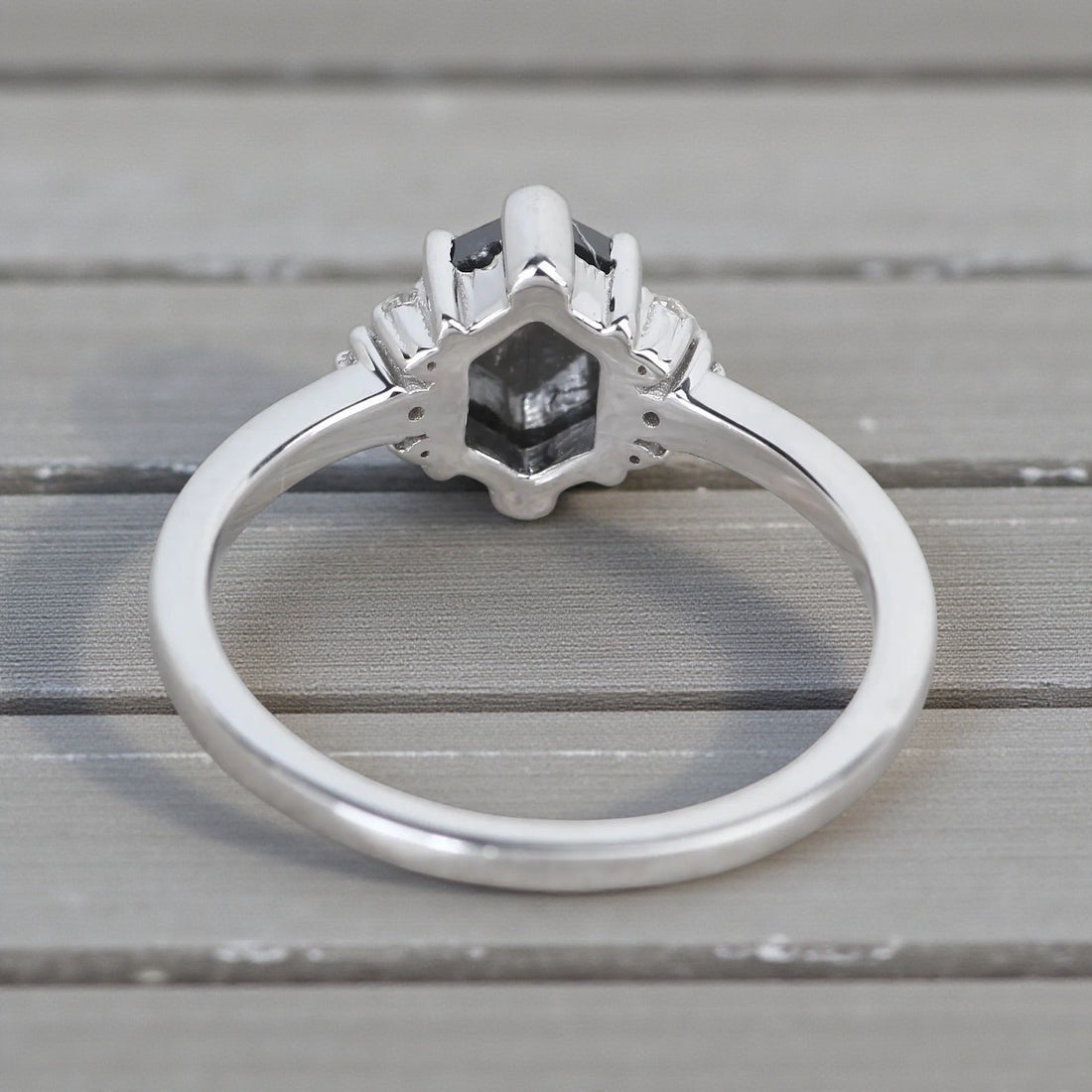 Salt and Pepper Diamond Ring, 14K Gold Engagement Ring, Natural Gray Hexagon Diamond Ring, Gift for Women