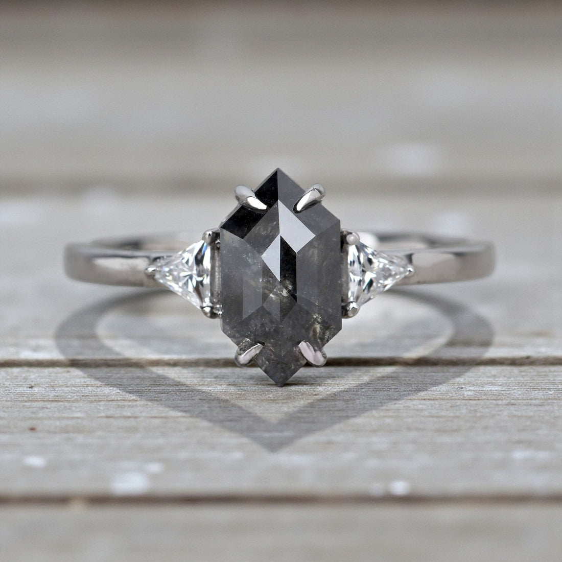 1.52 Ct Salt and Pepper Diamond Ring, 14K Gold Engagement Ring, Natural Gray Hexagon Diamond Ring, Gift for Women