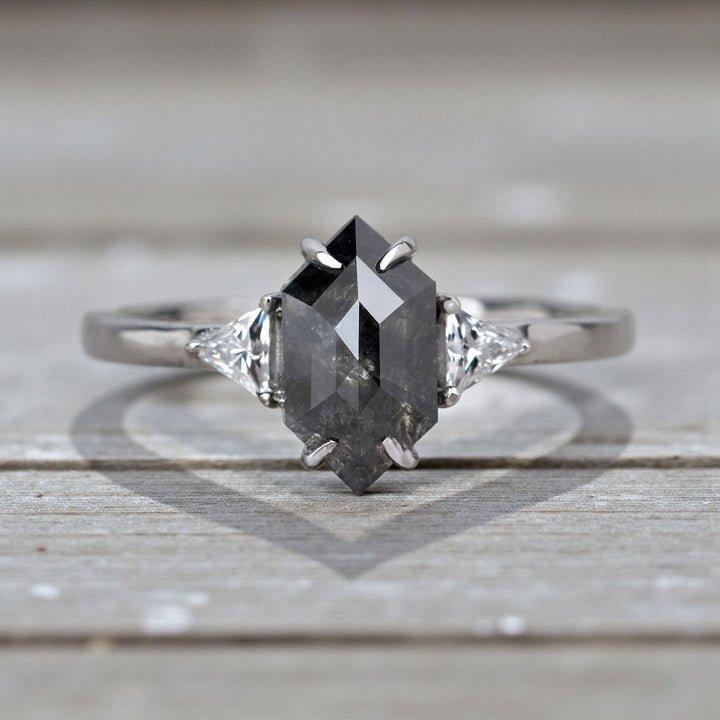 1.52 Ct Salt and Pepper Diamond Ring, 14K Gold Engagement Ring, Natural Gray Hexagon Diamond Ring, Gift for Women