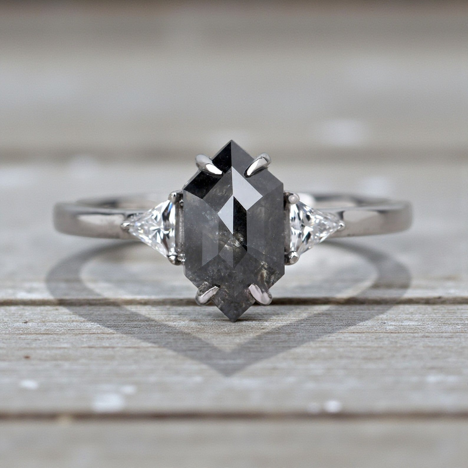 1.52 Ct Salt and Pepper Diamond Ring, 14K Gold Engagement Ring, Natural Gray Hexagon Diamond Ring, Gift for Women
