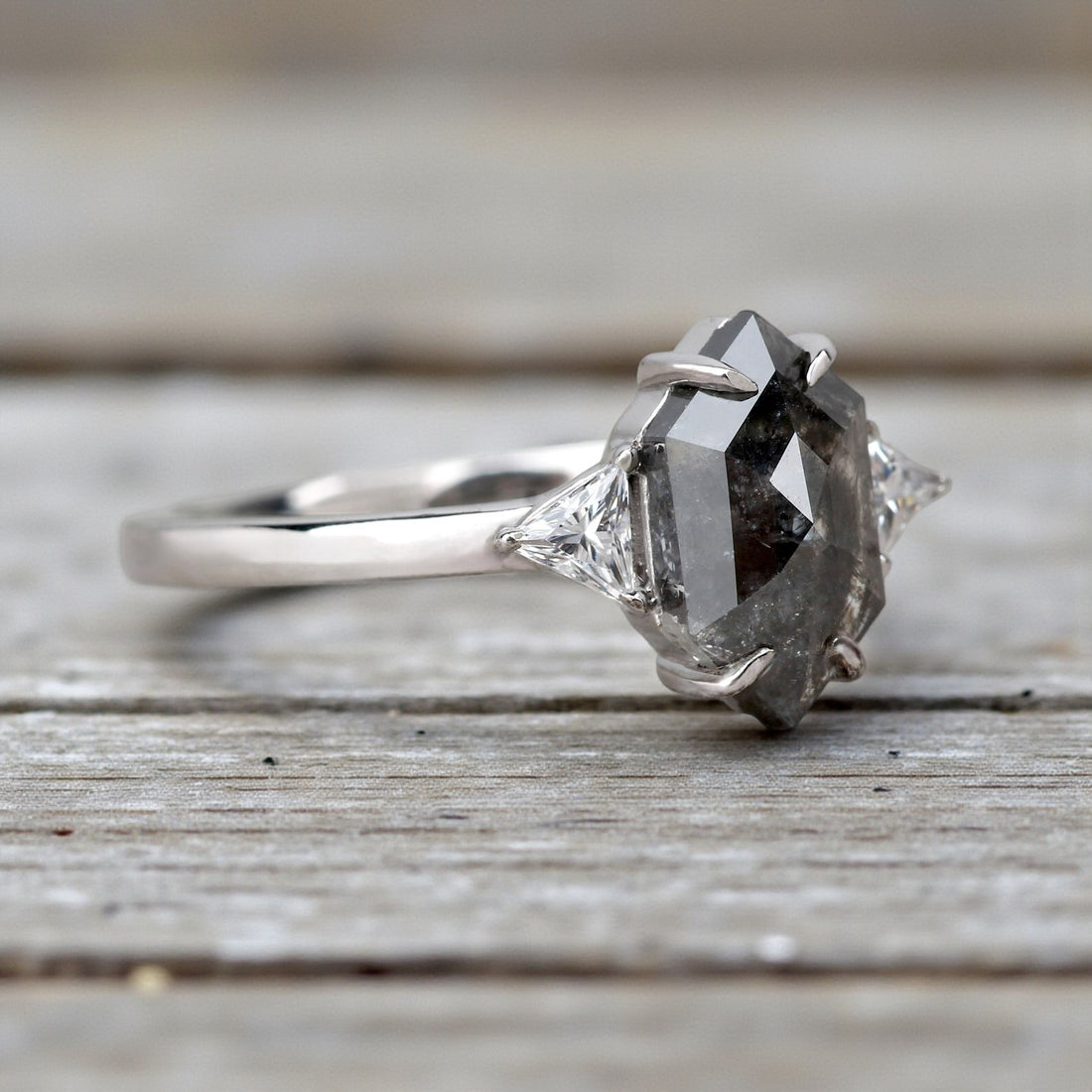 1.52 Ct Salt and Pepper Diamond Ring, 14K Gold Engagement Ring, Natural Gray Hexagon Diamond Ring, Gift for Women