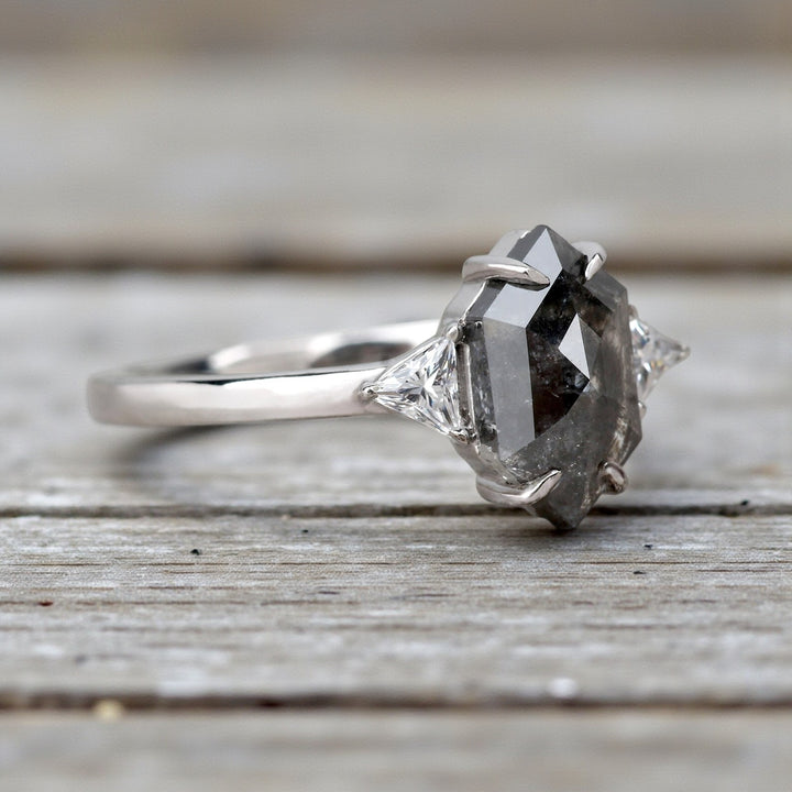 1.52 Ct Salt and Pepper Diamond Ring, 14K Gold Engagement Ring, Natural Gray Hexagon Diamond Ring, Gift for Women