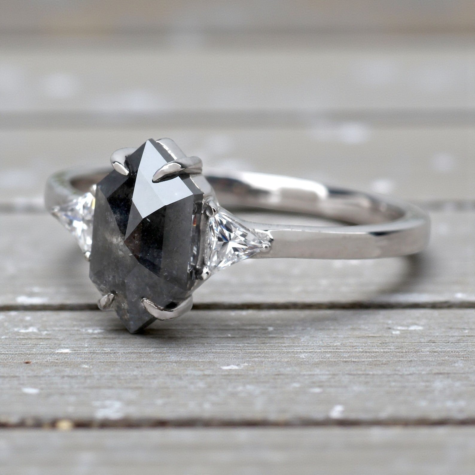 1.52 Ct Salt and Pepper Diamond Ring, 14K Gold Engagement Ring, Natural Gray Hexagon Diamond Ring, Gift for Women