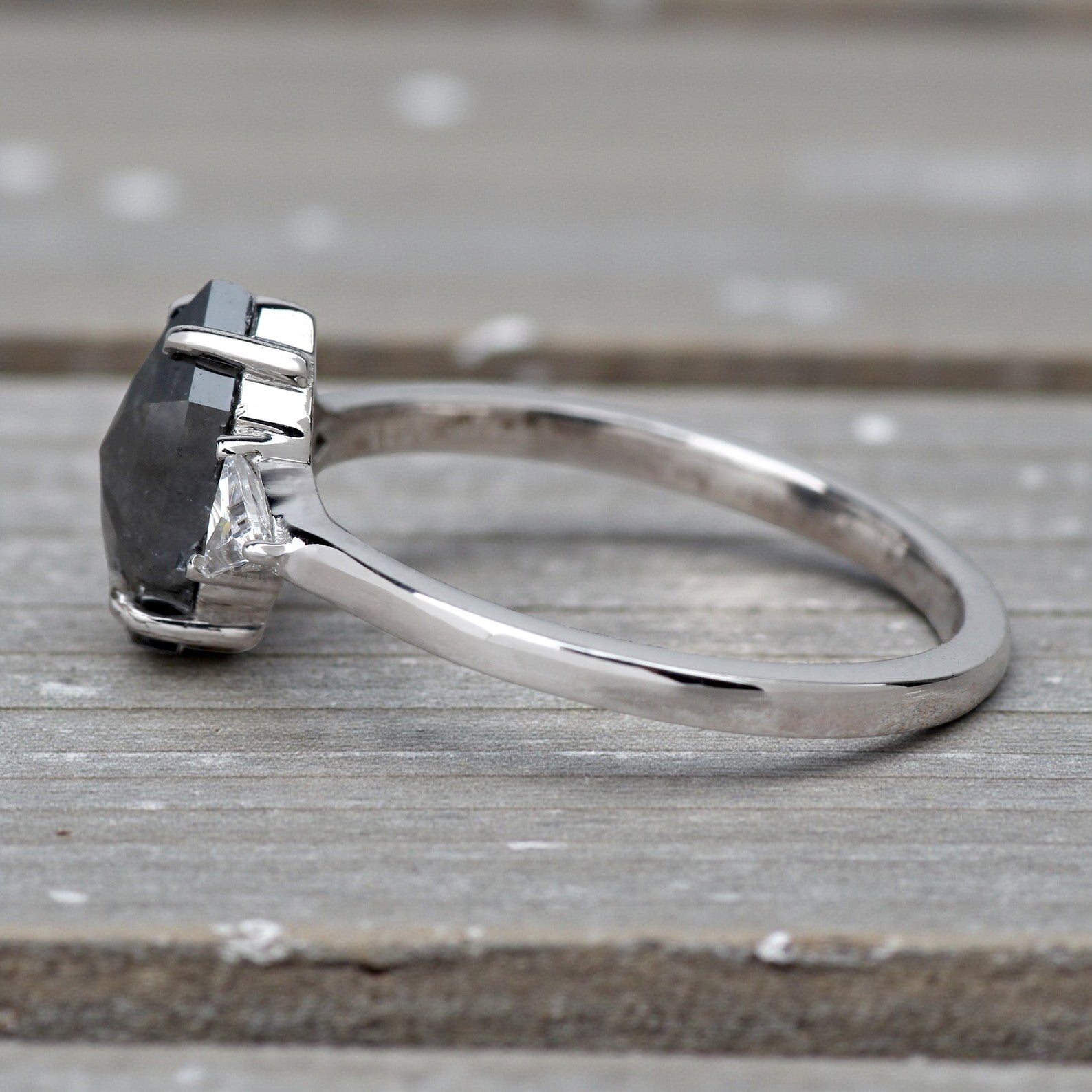 1.52 Ct Salt and Pepper Diamond Ring, 14K Gold Engagement Ring, Natural Gray Hexagon Diamond Ring, Gift for Women