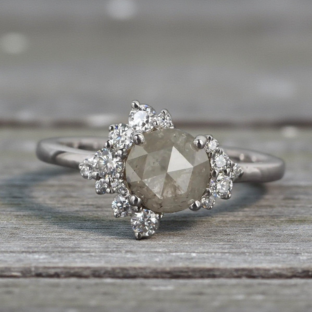 Salt and Pepper Diamond Ring, 14K Gold Engagement Ring, Natural Round Rose Cut Diamond Ring, Gift for Her