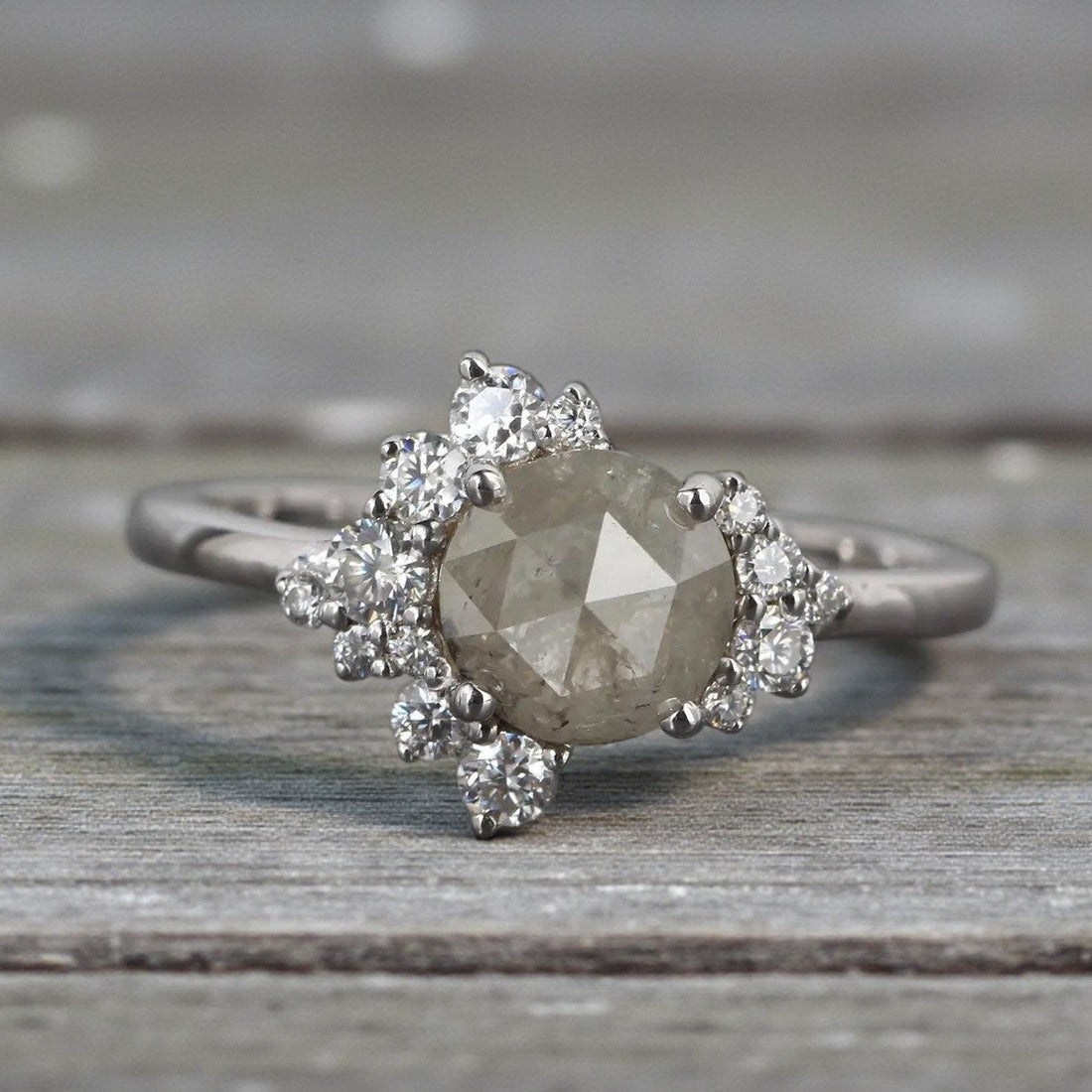 Salt and Pepper Diamond Ring, 14K Gold Engagement Ring, Natural Round Rose Cut Diamond Ring, Gift for Her