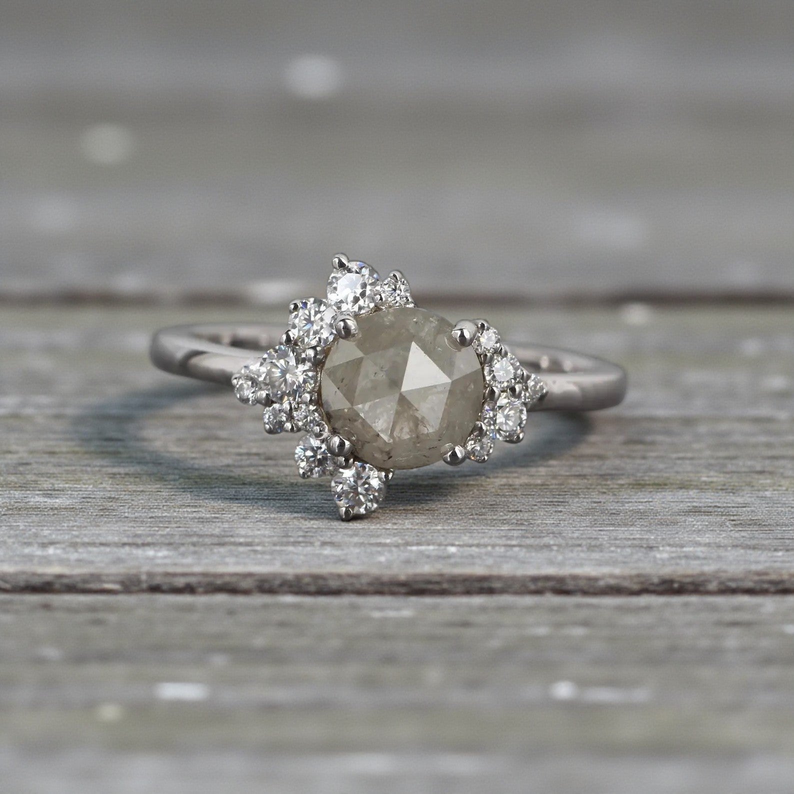Salt and Pepper Diamond Ring, 14K Gold Engagement Ring, Natural Round Rose Cut Diamond Ring, Gift for Her