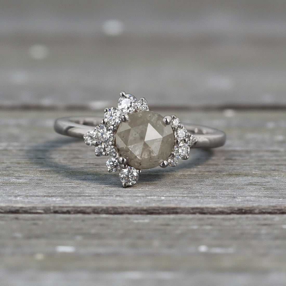 Salt and Pepper Diamond Ring, 14K Gold Engagement Ring, Natural Round Rose Cut Diamond Ring, Gift for Her