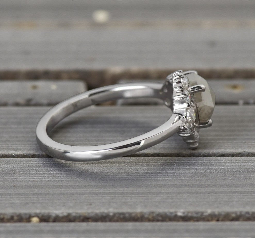 Salt and Pepper Diamond Ring, 14K Gold Engagement Ring, Natural Round Rose Cut Diamond Ring, Gift for Her