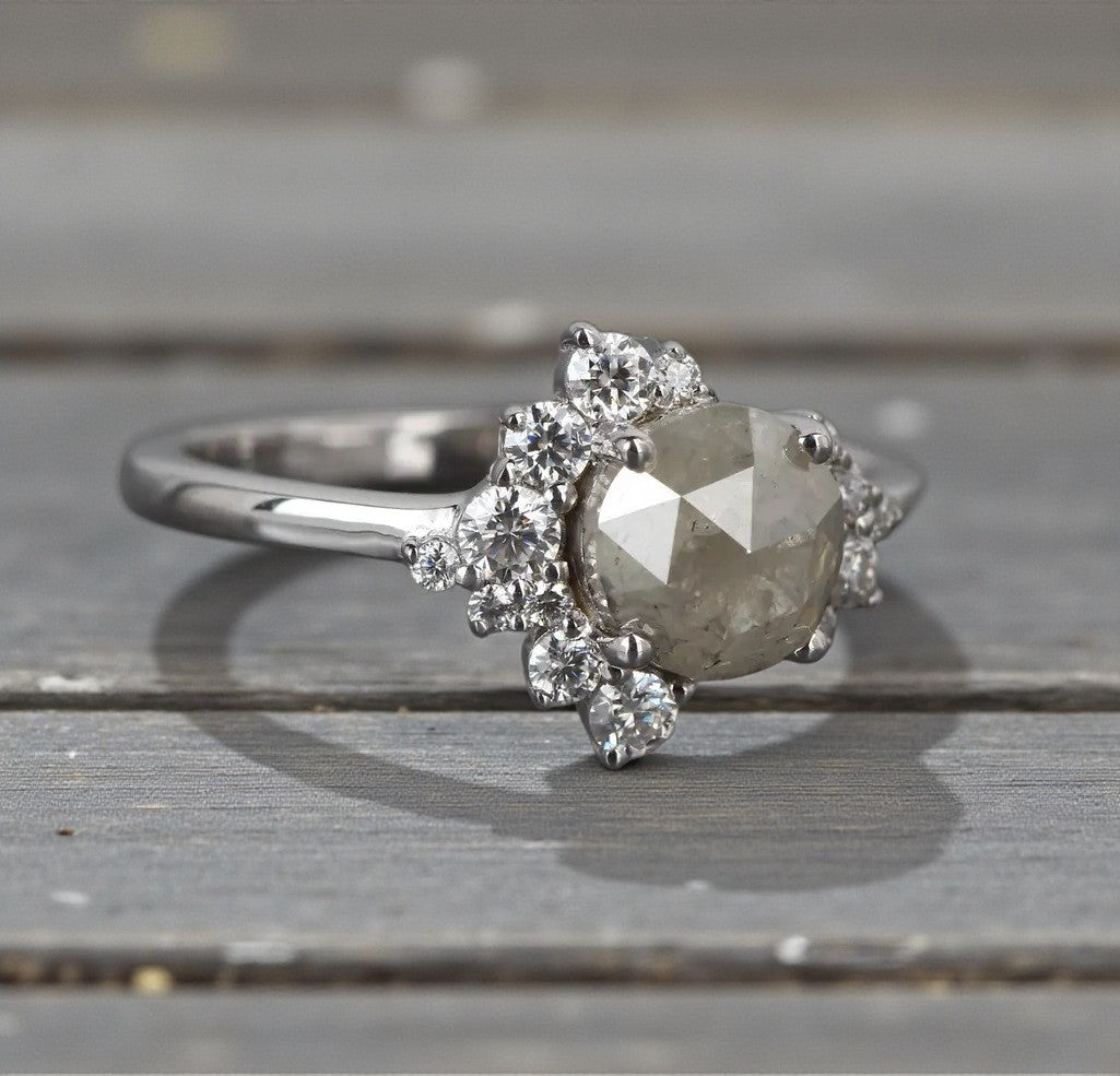 Salt and Pepper Diamond Ring, 14K Gold Engagement Ring, Natural Round Rose Cut Diamond Ring, Gift for Her