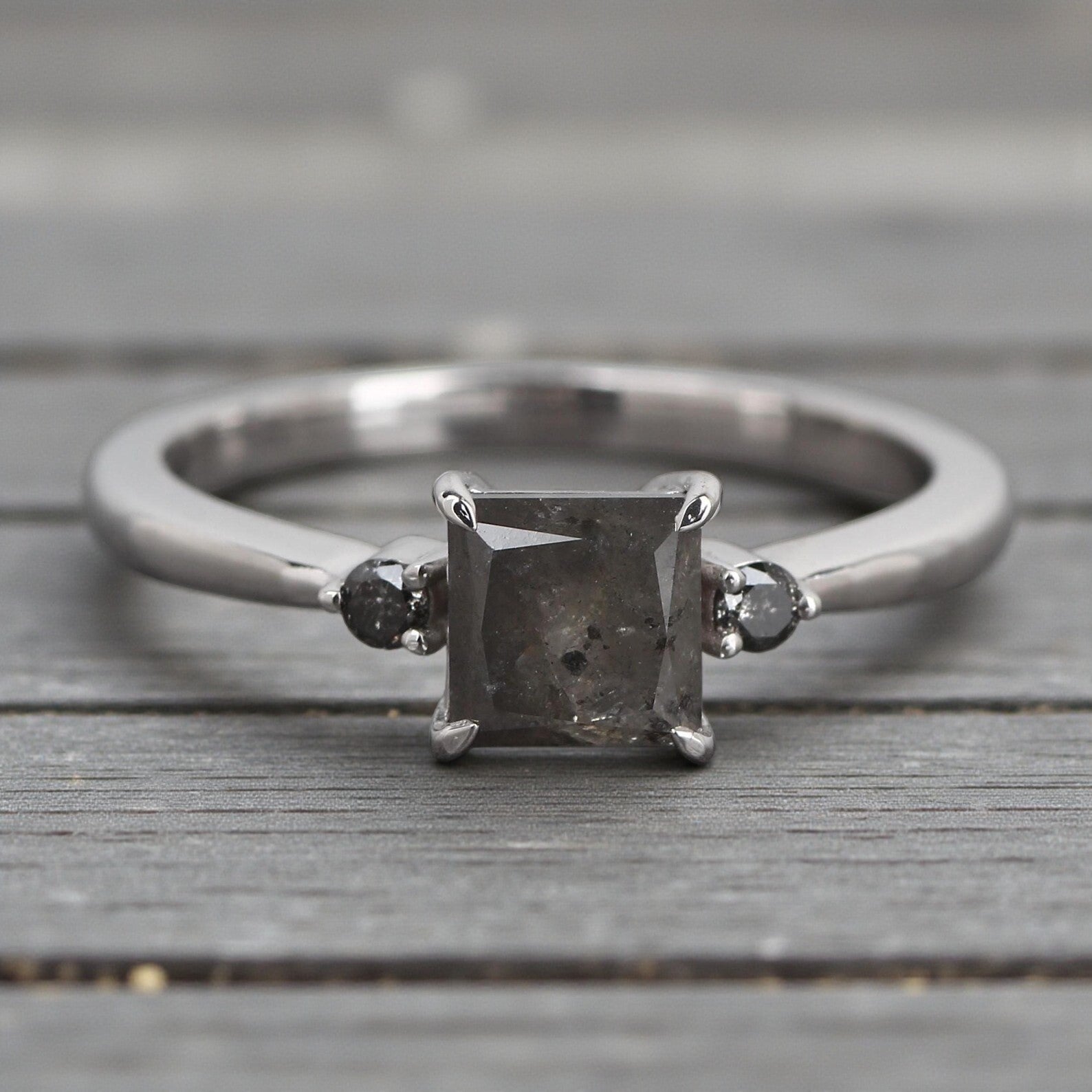 Salt and Pepper Diamond Ring, 14K Gold Engagement Ring, Natural Princess Cut Gray Diamond Ring, Gift for Her