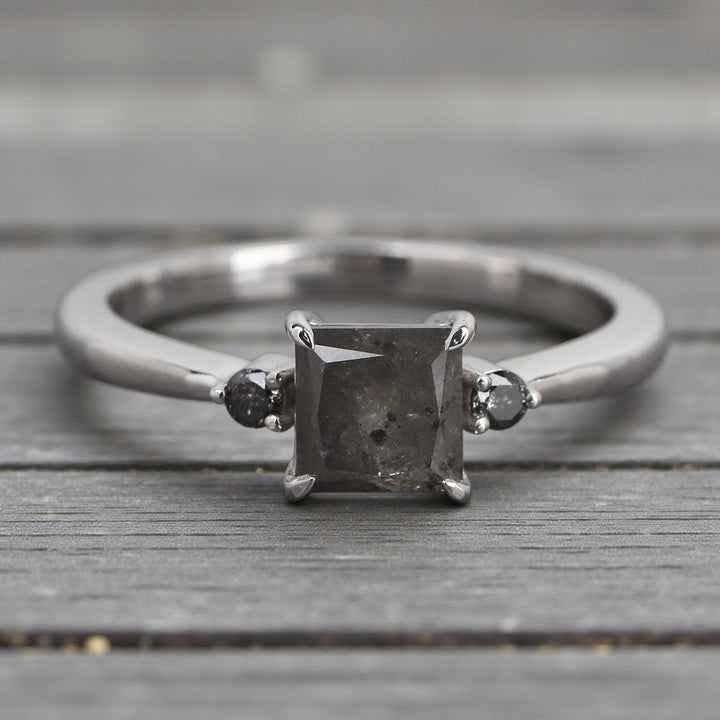 Salt and Pepper Diamond Ring, 14K Gold Engagement Ring, Natural Princess Cut Gray Diamond Ring, Gift for Her