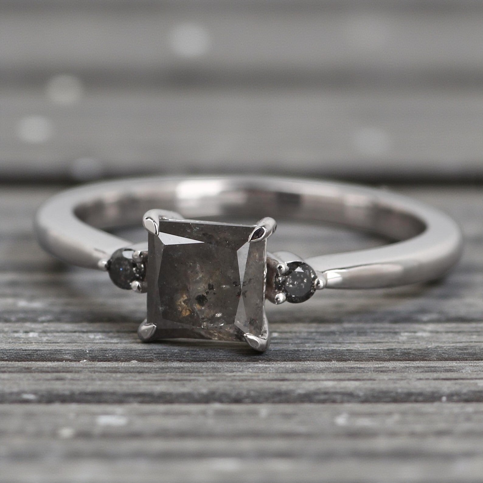 Salt and Pepper Diamond Ring, 14K Gold Engagement Ring, Natural Princess Cut Gray Diamond Ring, Gift for Her