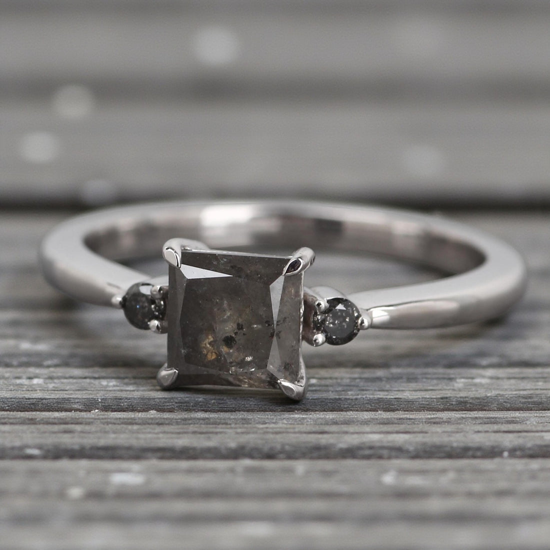 Salt and Pepper Diamond Ring, 14K Gold Engagement Ring, Natural Princess Cut Gray Diamond Ring, Gift for Her