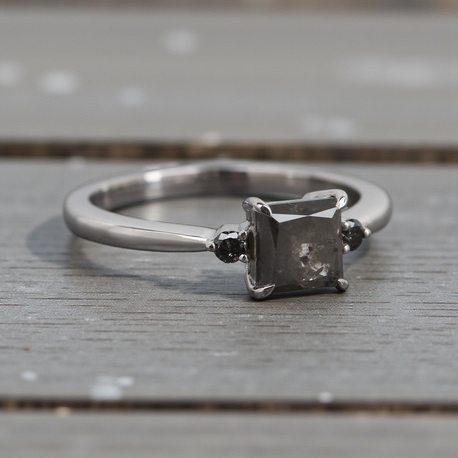 Salt and Pepper Diamond Ring, 14K Gold Engagement Ring, Natural Princess Cut Gray Diamond Ring, Gift for Her