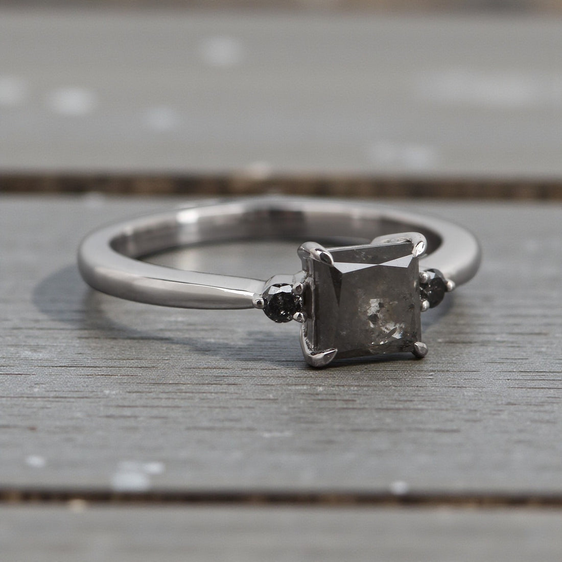 Salt and Pepper Diamond Ring, 14K Gold Engagement Ring, Natural Princess Cut Gray Diamond Ring, Gift for Her