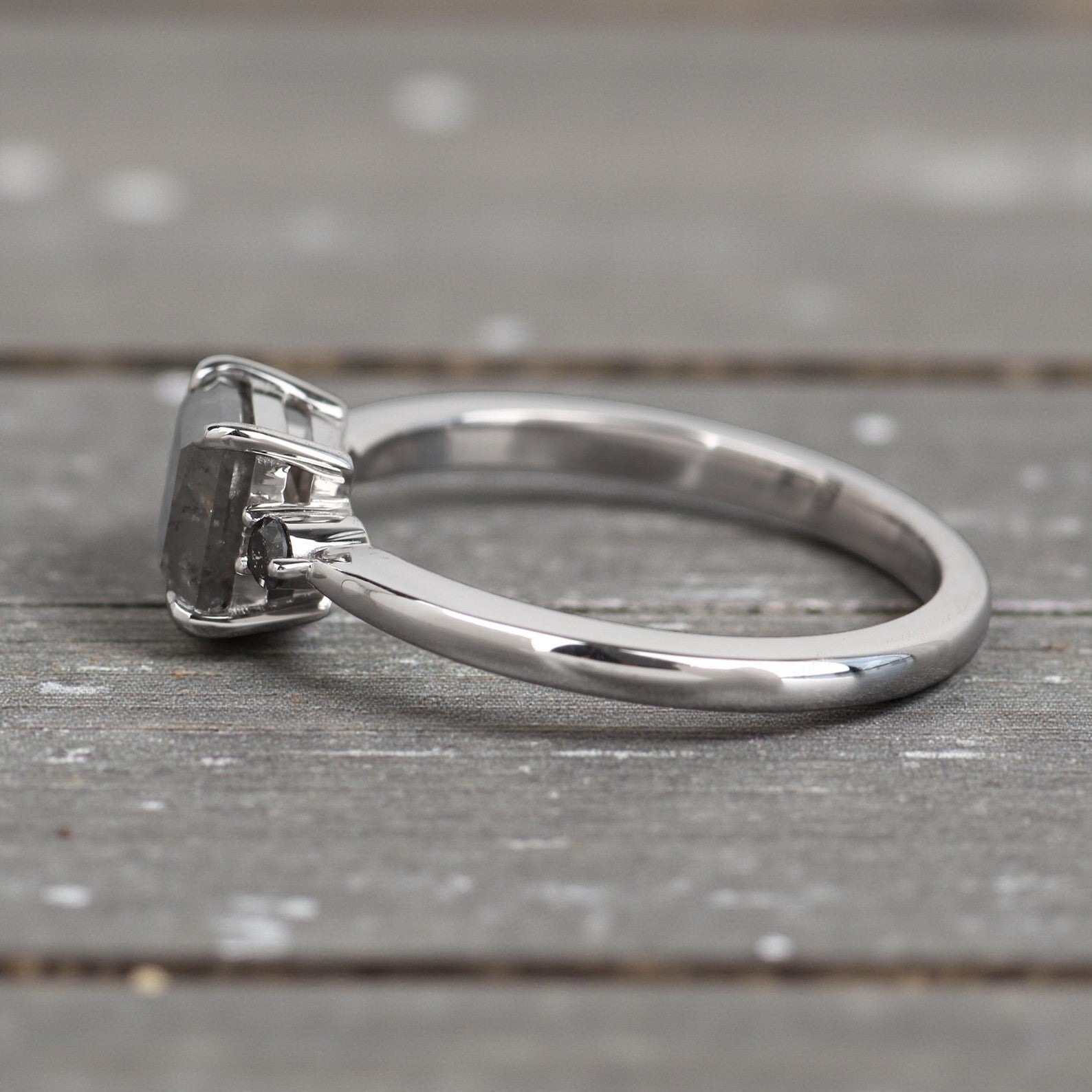 Salt and Pepper Diamond Ring, 14K Gold Engagement Ring, Natural Princess Cut Gray Diamond Ring, Gift for Her