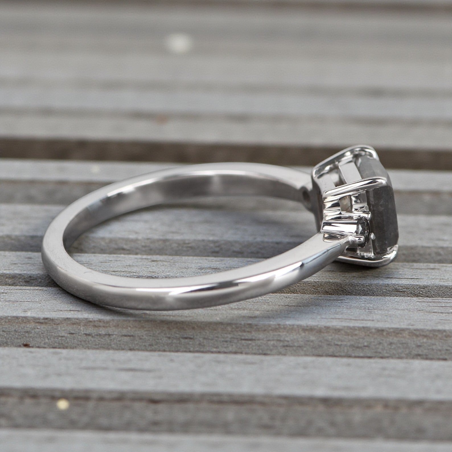 Salt and Pepper Diamond Ring, 14K Gold Engagement Ring, Natural Princess Cut Gray Diamond Ring, Gift for Her