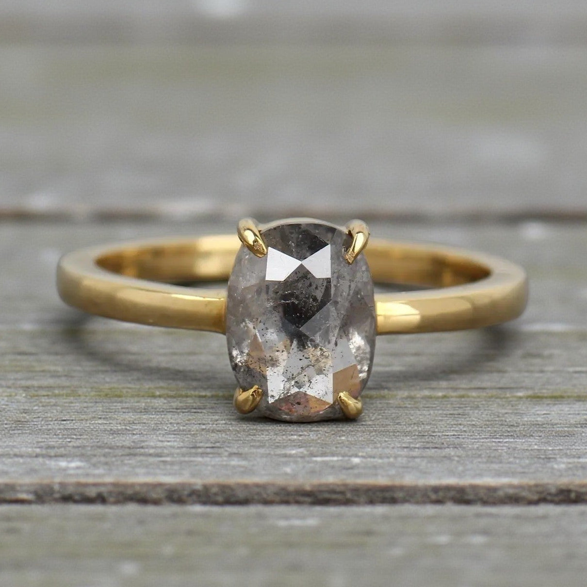 Salt and Pepper Diamond Ring, 14K Gold Engagement Ring, Natural Oval Gray Diamond Ring, Gift for Her