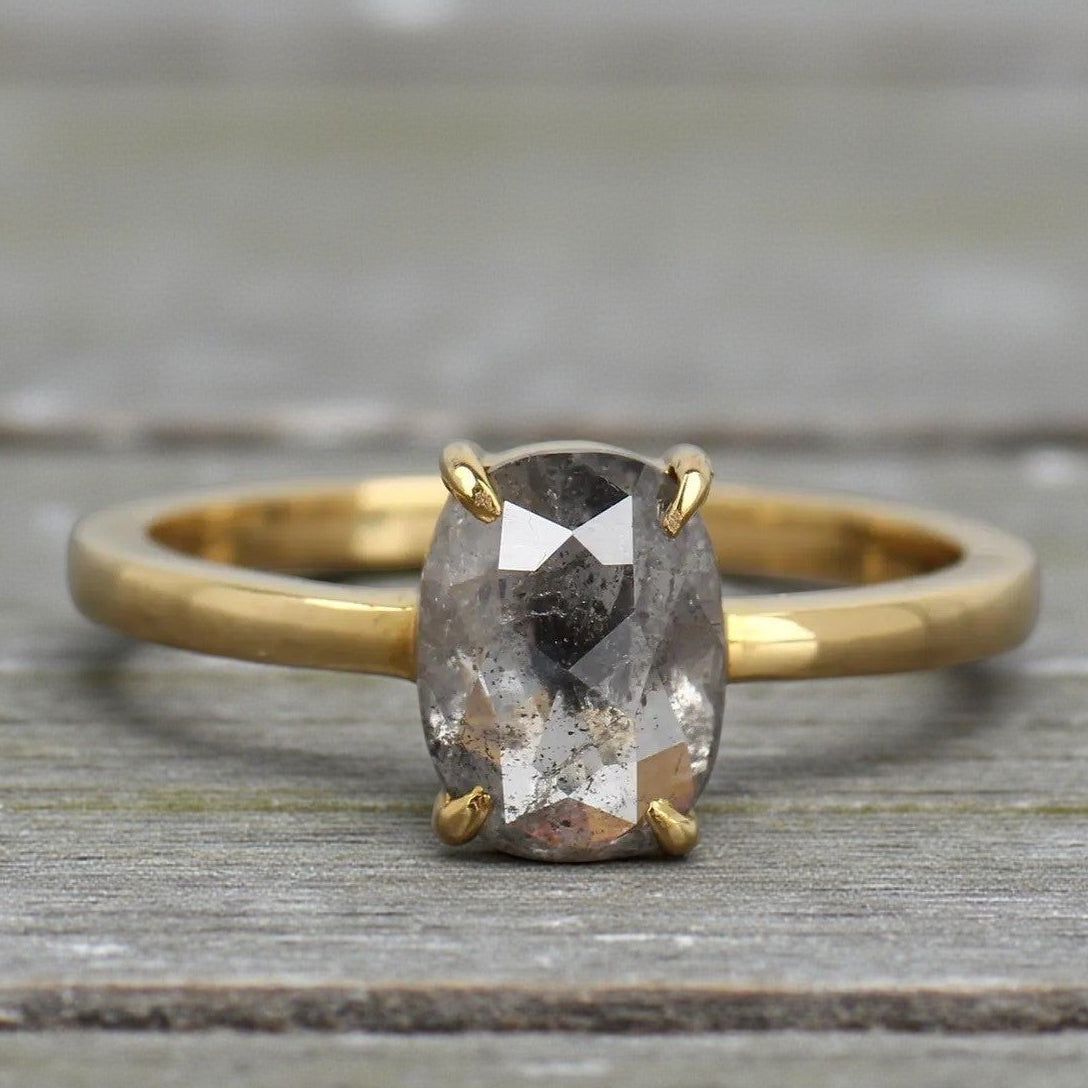 Salt and Pepper Diamond Ring, 14K Gold Engagement Ring, Natural Oval Gray Diamond Ring, Gift for Her