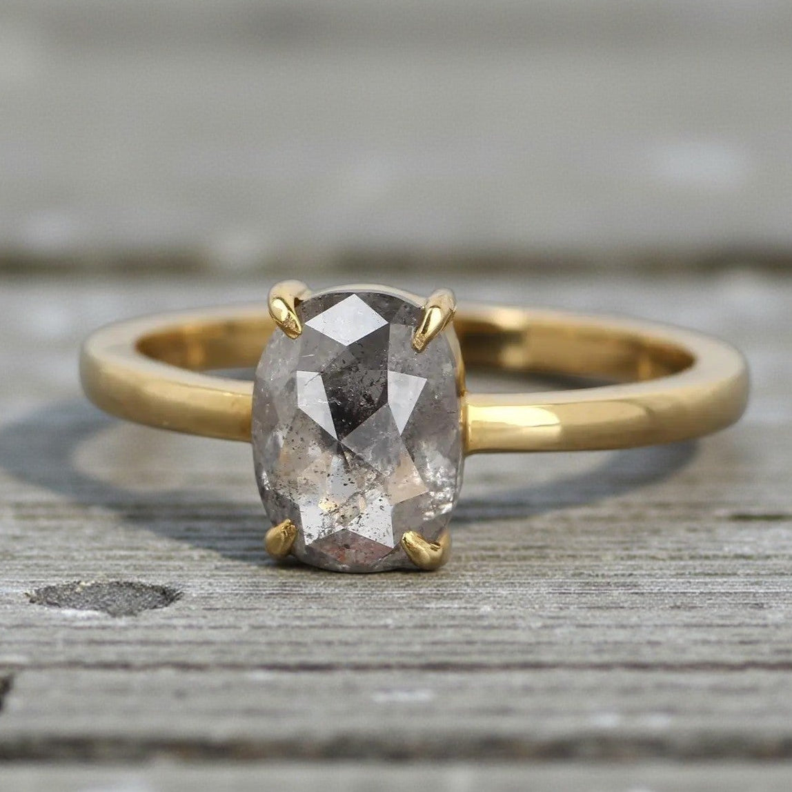 Salt and Pepper Diamond Ring, 14K Gold Engagement Ring, Natural Oval Gray Diamond Ring, Gift for Her