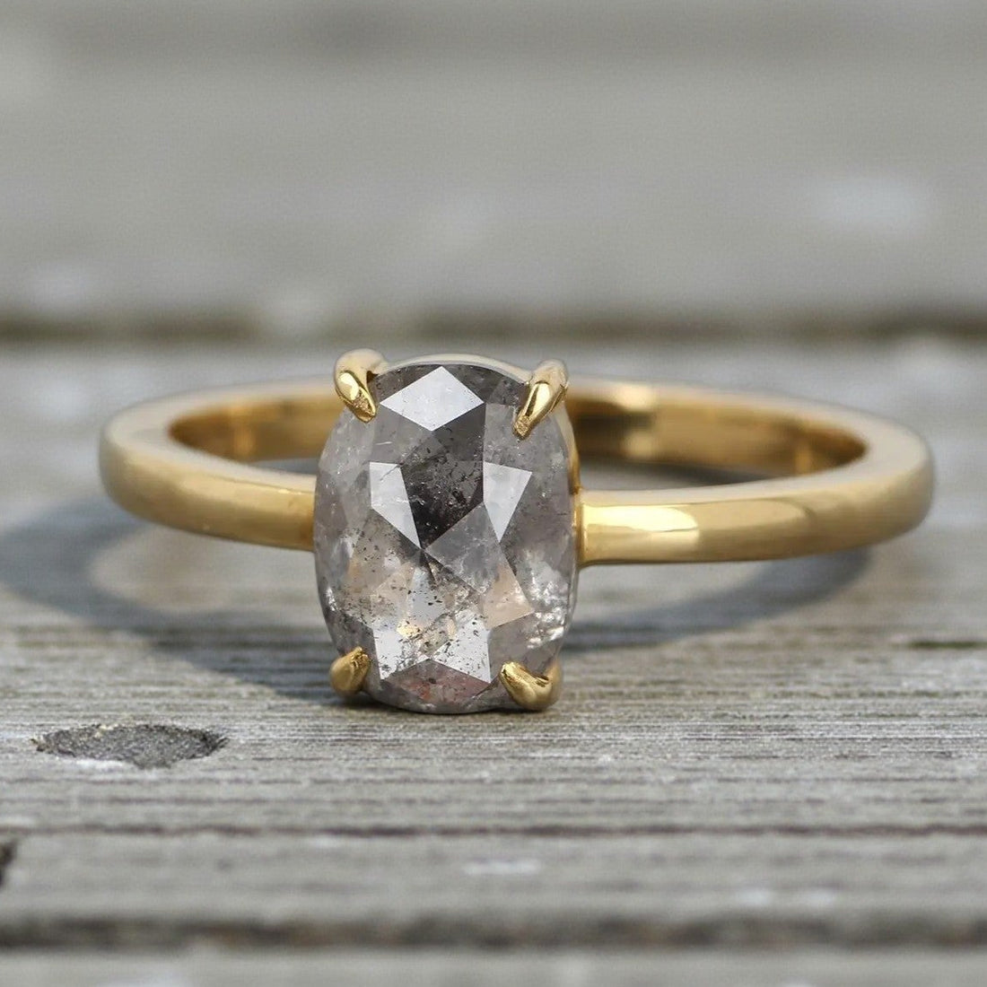 Salt and Pepper Diamond Ring, 14K Gold Engagement Ring, Natural Oval Gray Diamond Ring, Gift for Her