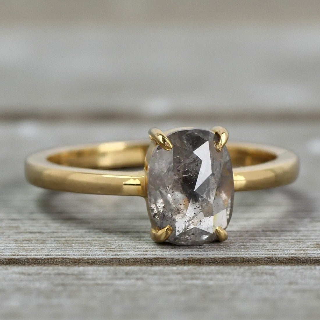Salt and Pepper Diamond Ring, 14K Gold Engagement Ring, Natural Oval Gray Diamond Ring, Gift for Her