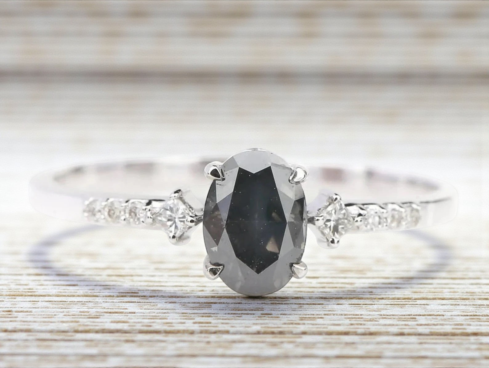 Salt and Pepper Diamond Ring, 14k Gold Engagement Ring, Natural Oval Gray Diamond Ring, Gift for Her